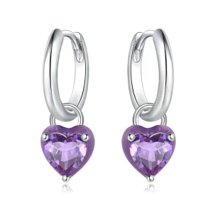 Copper Silver Plated Zircon Purple Heart Drop Earrings Women Valentine’s Day Fashion Jewelry Gift
