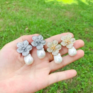 Copper Zircon Flower Luxury Stud Earring Shell Pearl Pendant Dangling Fashion Jewelry Earrings