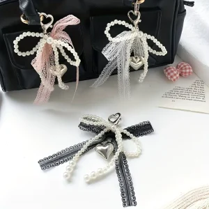 Coquette Lace Bow Pearl Bag Charm Silver Heart Keychain with Pearl & Lace Ribbon Elegant Feminine Tote Bag Accessories