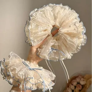 Coquette Lace Ruffle Scrunchie Sheer Floral Tulle Hair Tie with Blue Ribbon Bow Ballet Core Hair Accessory