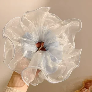 Coquette Sheer Tulle Ruffle Scrunchie Light Blue Organza Hair Tie with Pearl Accents Ballet Core Hair Accessory