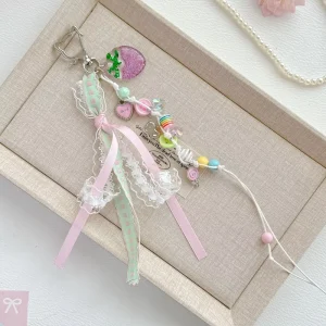 Coquette Style Sweet Strawberry Beaded Bag Charm Heart Lollipop Versatile Keychain Accessory