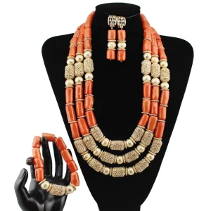 Coral Gold Tone Mesh Bead Jewelry Set Multi Strand Collar Necklace Bracelet Earrings