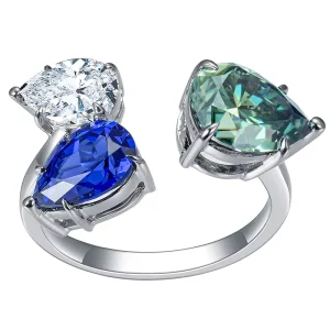 Costume Jewelry 18K White Gold Three Color Loyal Blue Sapphire White Green Pear Cut DEF Moissanite Diamond Ring