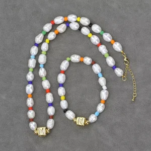 Costume Jewelry Set Bohemian Natural Freshwater Pearls Gold Plated Necklace and Bracelet Bead Jewelry Party Gift