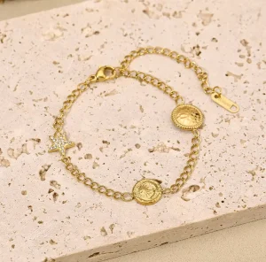 Costume Quality Zircon Stars Moon Laminated Gold Stainless Steel Tarnish Free Bracelet Jewelry for Women