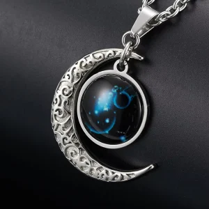 Couple’s Twelve Constellations Starry Night Light Necklace Hip Hop Star Moon Sweater Chain Stainless Steel Pendant Necklace