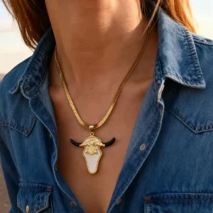 Cow OX Head Hip Hop Pendant Necklace Gold Chain Resin Acrylic Cowboy Themed Party Gift for Women