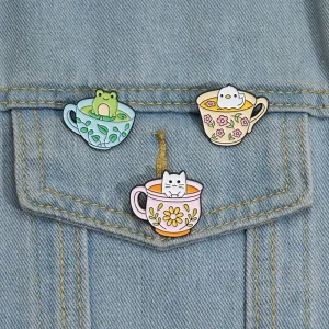Creative Coffee Cup Enamel Pins Ghost Duck Capybara Frog Brooch Lapel Badge Cute Halloween Jewelry Kid Gift