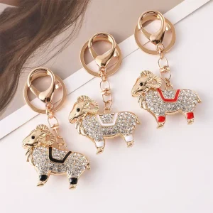 Creative Crystal Pave Aries Sheep Keyring Gold Plated Alloy Fashion Cartoon Charm for Luxury Purse Tote Bag Pendant