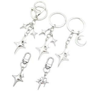 Creative DIY Eco friendly Four pointed Star Moon Alloy Keychain Pendant Phone Charm Bag Ornament Custom Initial Promotional Gift