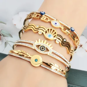 Creative Design 18K Gold Stainless Steel Diamond Eyes Bracelet Retro Ethnic Style Charm for Women Jewelry Gift Accessory