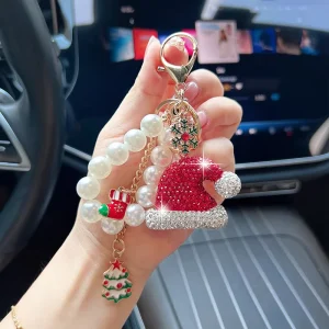 Creative Fashion Cute Versatile Beaded String Red diamond Inlaid Christmas Hat Metal Keychain for Woman Bag Charm Promotion Gift