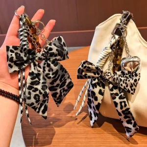 Creative Fashionable Hand-woven Iron Ribbon Leopard-print Bow Tiegirls Bag Charm Car Keychain Pendant