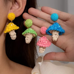 Creative Lafite Grass Woven Mushroom Earrings for Women Bohemian Seaside Vacation Style Earrings Summer Jewelry Accessories