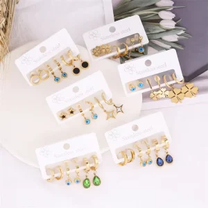 Creative Mix Stud Earring Set 18K Gold Stainless Steel Evil Eye Clover Star Zircon Wedding Fashion Jewelry