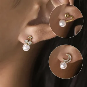 Creative Moon Heart Cherry Fashion Pearl Earrings Stainless Steel Jewelry 18k Gold Plate Zircon Stud Earrings