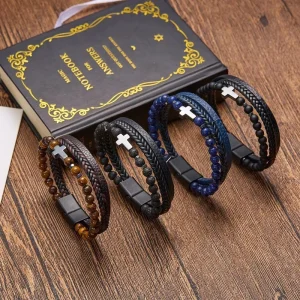 Creative Natural Stone Stainless Steel Bracelet Obsidian Volcanic Stone Element Simple Cross Multi Layer Beaded Bracelet
