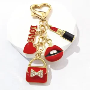Creative Personalized Alloy Lipstick High Heeled Shoe Shape Keychain Pendants with Rose Charm