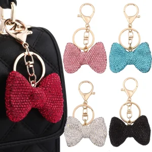 Creative Red Color Full Rhinestone Bow Pendant Keychain for Women’s Bag Accessories
