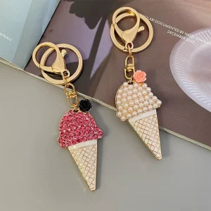 Creative Rhinestone and Pearl Ice Cream Keychain Cute Flower Decor Gold Tone Metal Charm for Women
