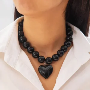 Creative Round Bead Punk Choker Heart Resin Beaded Necklace Fashion Jewelry Women Necklace