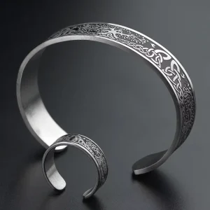 Creative Style 316L Stainless Steel Men’s Cuff Bracelet and Ring Viking Celtic Knot Tree of Life Bracelet Retro Jewelry Set
