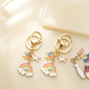 Creative Vintage Horse Rainbow Keychain Cute Alloy Light Charm Accessory for Bags Fashionable Cartoon Metal Keychain