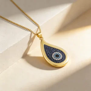 Creative Water Drop Design Blue Crystal Eye Pattern Pendant Necklace Copper Zircon Jewelry Women Girl Gift