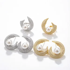 Crescent Moon Bohemian Set Brass 18K Gold Plated Layered Spiral Arc Multi row Pave Zircon Center Pearl Earrings Ring Suite
