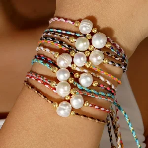 Cross Border Four Color Hand Woven Cotton Rope Iron Beads Large Hole Pearl Bohemian Bracelet Gift