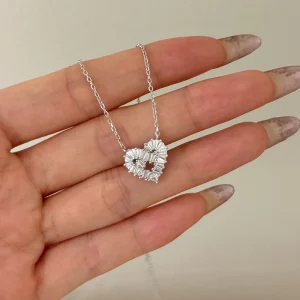 Cross Border Korean Style S925 Sterling Silver Electroplated Women’s Heart Shaped Square Zircon Necklace Collarbone