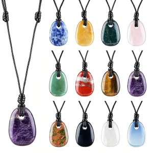 Cross Border Natural Crystal Necklace Vintage Trapezoid Raw Stone Pendant Large Hole Handmade Braided Rope Sweater Chain Jewelry