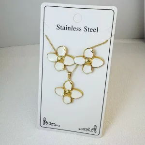 Cross-Border New Flower Four Leaf Clover Dripping Glaze Natural Stone Women’s Earrings Necklace Set Stainless Steel Jewelry