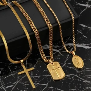 Cross Border Stainless Steel Pendant Necklace 18K Gold Plated Link Chain Trendy Fashion Jewelry Set Factory