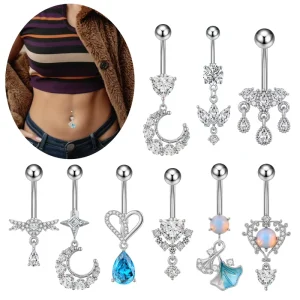 Cross Border Stainless Steel Zircon Navel Ring Europe America Trendy Personalized Oil Drip Design Micro Inlay Flower Design