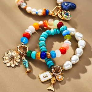 Cross Border Summer Collection Gold Plated Brass Bracelet Cute Heart Fresh Small Fish Shell Orange Beads for Girls