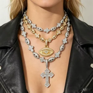 Cross Pendant Necklace with CZ Cuban Chain Men Hip Hop Jewelry Set Ready Stock