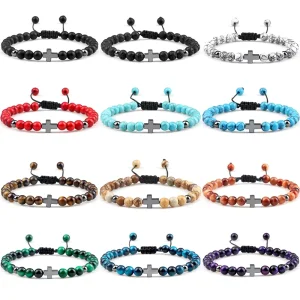 Cross Woven Bracelet with 6mm Round Beads and Black Agate Adjustable Cord