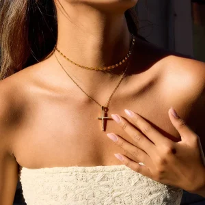 Cross Zircon Pendant Necklace Bamboo Chain 18K Gold Plated Stainless Steel Sporty Light Luxury Women’s