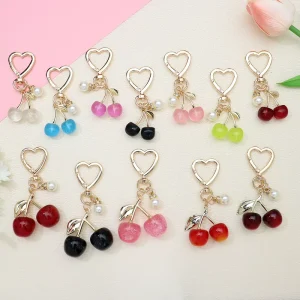 Cross-border Bestseller Dainty Chic Sparkly Zinc Alloy Heart-shaped Charm Cherry Keychain Trendy Fruit-themed Pendant Bags