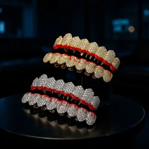 Cross border Christmas New Arrival Red Geometric Pattern Tungsten Zircon Studded Unisex Hip hop Style Dental Fashionable