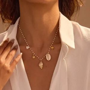 Cross border Direct Selling Women’s French Marine Elements Stainless Steel Imitation Pearl Necklace Design Conch Clavicle Chain