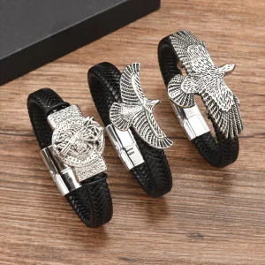Cross border E commerce Man PU Leather Braided Animal Pattern Vintage Bold Eagle wing Design Gift Bracelet