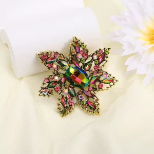 Cross border Fashion Color Rhinestone Plant Flower Brooch Elegant High end Retro Crystal Floral Lapel Pin