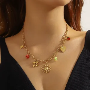 Cross border Fashion Creative Multi element Accessories Pendant Stainless Steel Flower love Cherry Accessories Chain Necklace