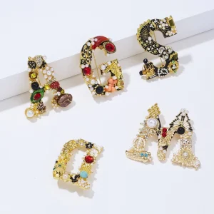 Cross border Fashionable Letter shaped Pearl Rhinestone Alloy set Plated Women’s Brooch Pin