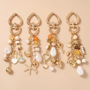 Cross-border Fashionable Zinc Alloy Pearl-Beaded Starfish & Heart Keychain Bag Pendant