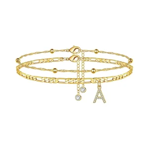 Cross border Foreign Trade Hot selling Stainless Steel Gold plated 26 letter Zircon Letter Anklet Simple Fashionable Rice Bead