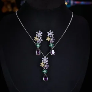 Cross border Light Luxury Colorful Zircon Flower Necklace Earrings Set Elegant All match Water Drops Two piece Tungsten Jewelry